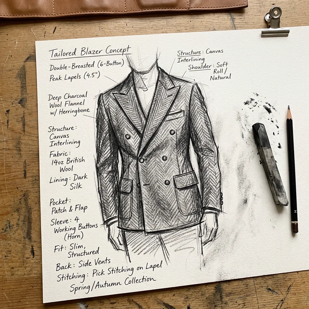 Fashion designer charcoal sketch of a blazer
