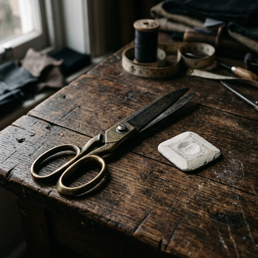 Antique brass tailoring scissors and chalk